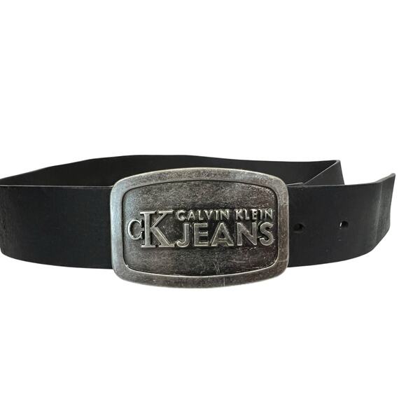 Calvin Klein Jeans Unisex Belt Black Leather w/ Large Metal Buckle Spellout Sz L - Picture 1 of 6